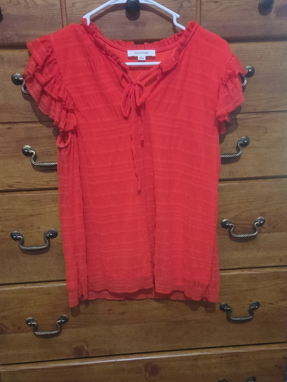 Women's Red Tie-Neck Ruffle Sleeve Chemise by Cece